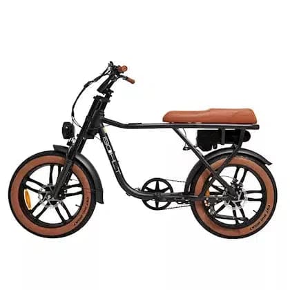 Bolht rebel elektrische fatbike in het zwart met bruine zadel en hoge instap
