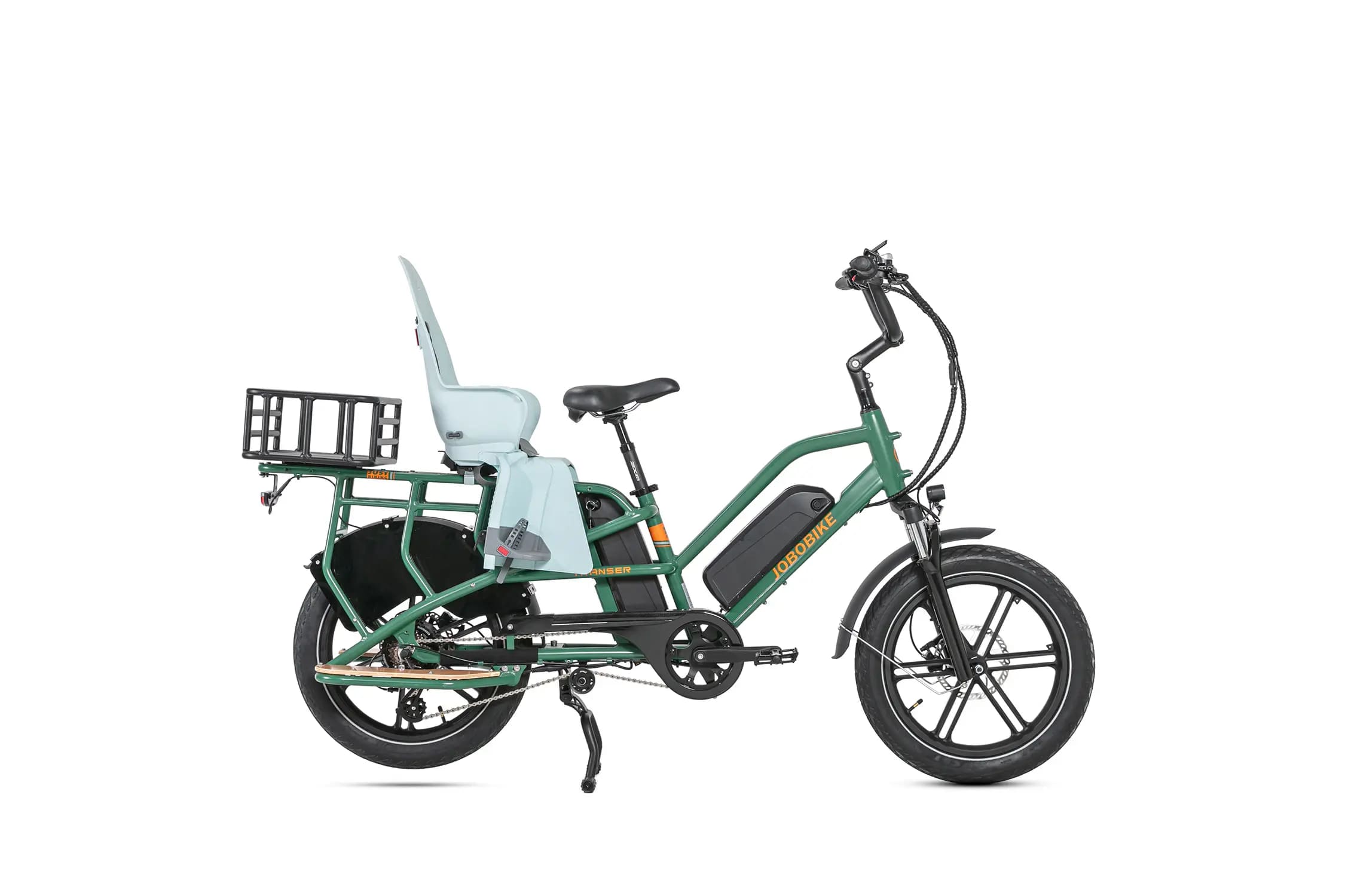 jobobike transer longtail fatbike e-bike zilver grijs met kinderzitje en mandje