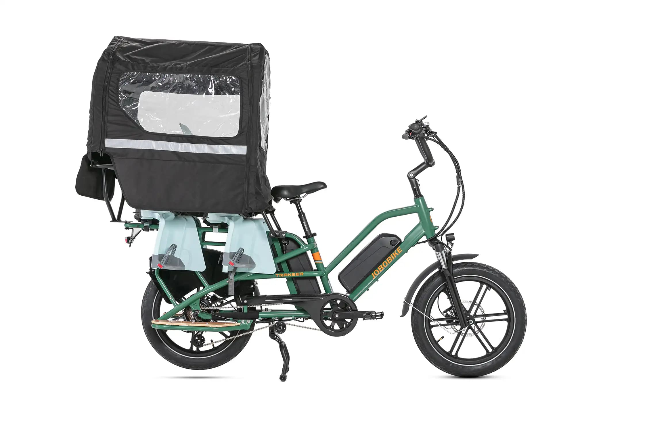 jobobike transer longtail fatbike e-bike zilver grijs met kinderzitjes en regenhuif