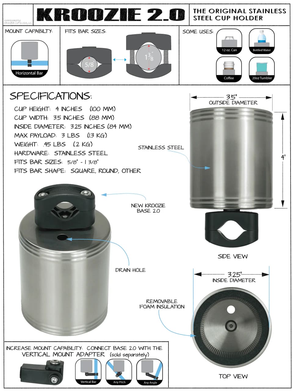 KROOZIE - Universele Bekerhouder – RVS Drinkfleshouder / Bidonhouder voor Fiets & Fatbike – Stijlvolle Cupholder met Isolatie & Antislip Grip